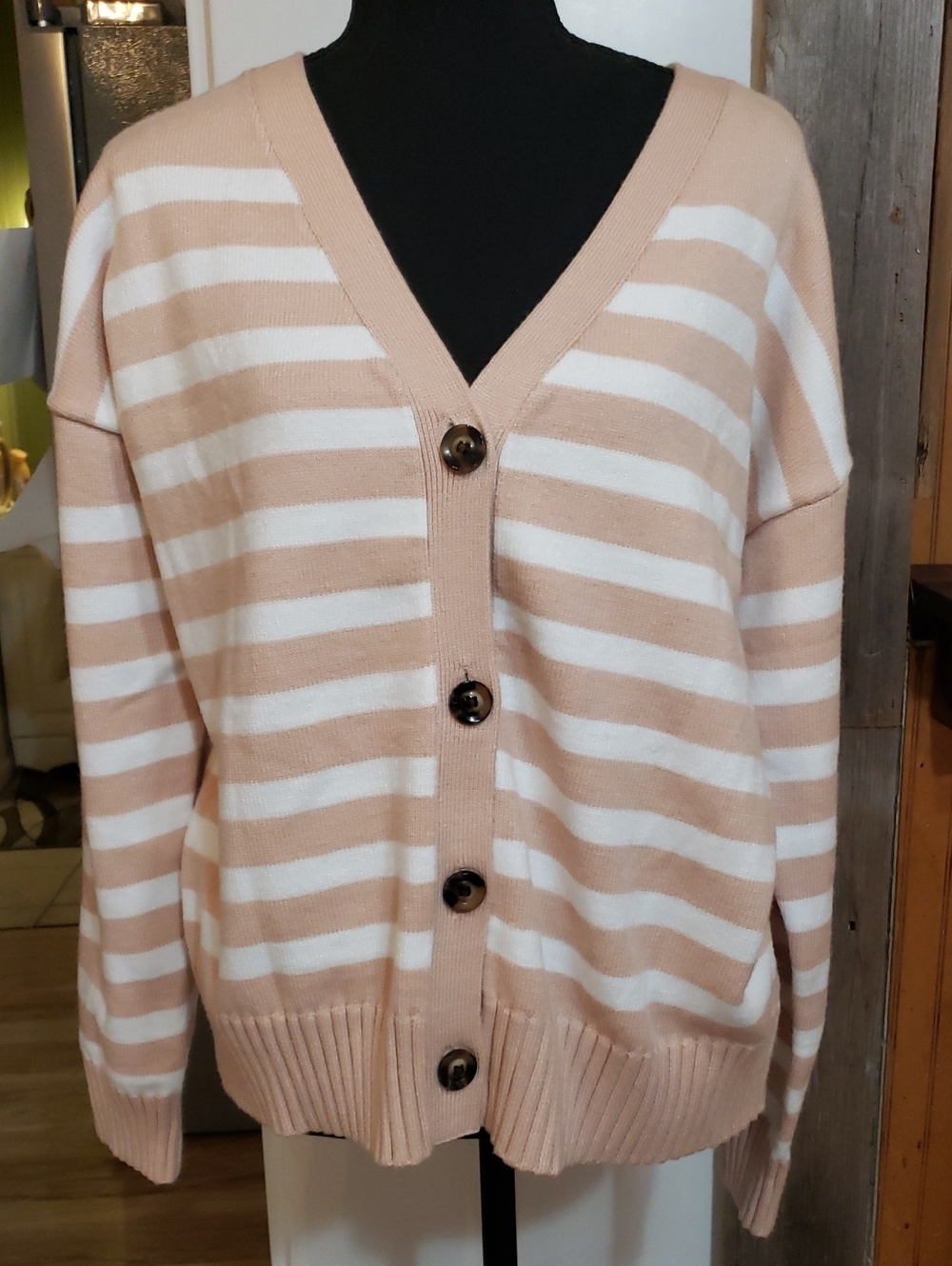 Super Soft Button Up Front Cardigan New No Tags Tan With White Stripes XXL